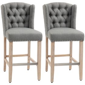 Counter Height Bar Stools Set of 2 27 Inch Nailhead-Trim Tufted Back Wood Legs Gray