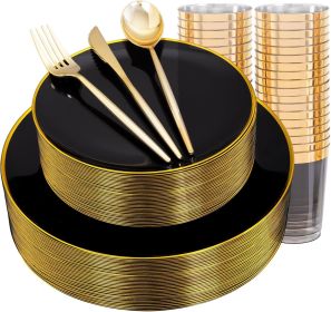 EI 180pcs Black Plastic Plates Black and Gold Disposable Plates Gold Plastic Dinnerware Set Silverware and Cups for Birthday,Wedding,Festival