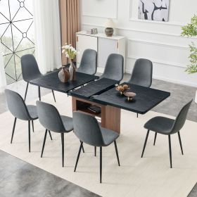 Expandable Dining table and chair set, 59-71 inch pull-out table,Paired With 8 Dark Gray Linen-Cotton Material chairs