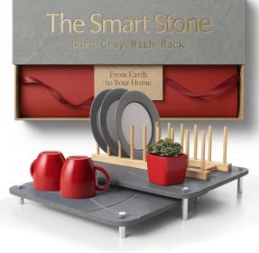 Nested Dish Drying Stone Mat with Bamboo Rack | 2 Pcs Diatomaceous Earth Stone Drying Mats for Kitchen Counter with Non-Slip Feet | Collapsible L
