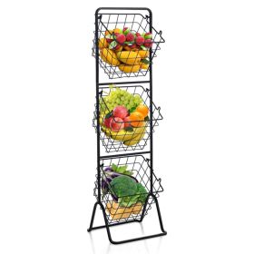 3-Tier Fruit Basket Stand - Removable Wire Bowls, Convertible to 1/2 Tier, Steel Frame with Non-Slip Pads, Black