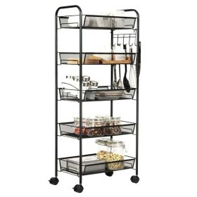Black 5-Tier Mesh Rolling Cart with 5 Baskets & 5 Hooks, Lockable Universal Wheels